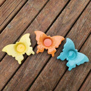Butterfly Tea Light Candle Holder Ceramic Boho Rustic 3 Set Orange Blue Yellow